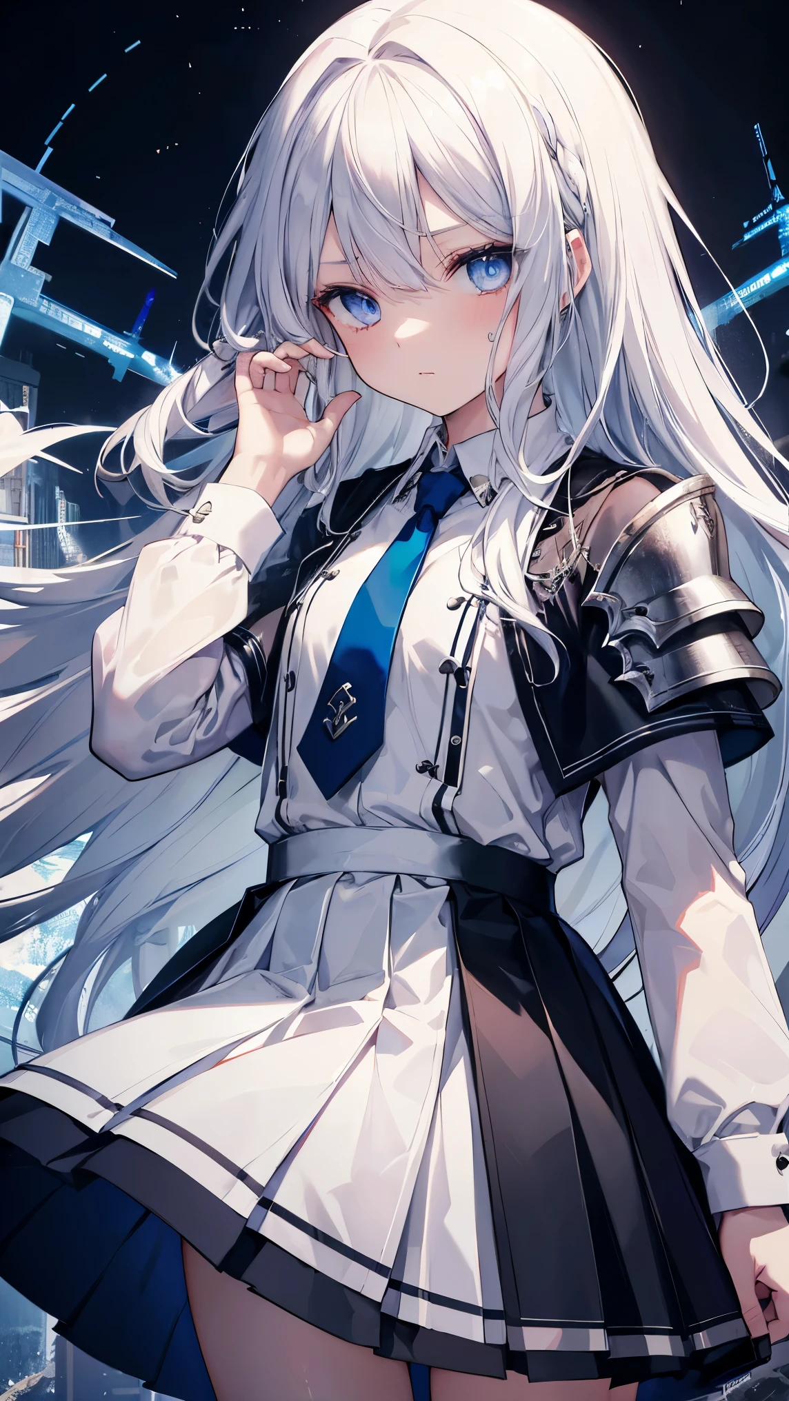 ,girl,Highest quality,,Silver Hair,,blue eyes,,White skin,Sleepiness,Very long hair,,Half an eye,rock,Restraints,small胸,,Dragon Horn,,Tattoo,small,Dress shirt,Pleated skirt,tie,armor,thunder,
