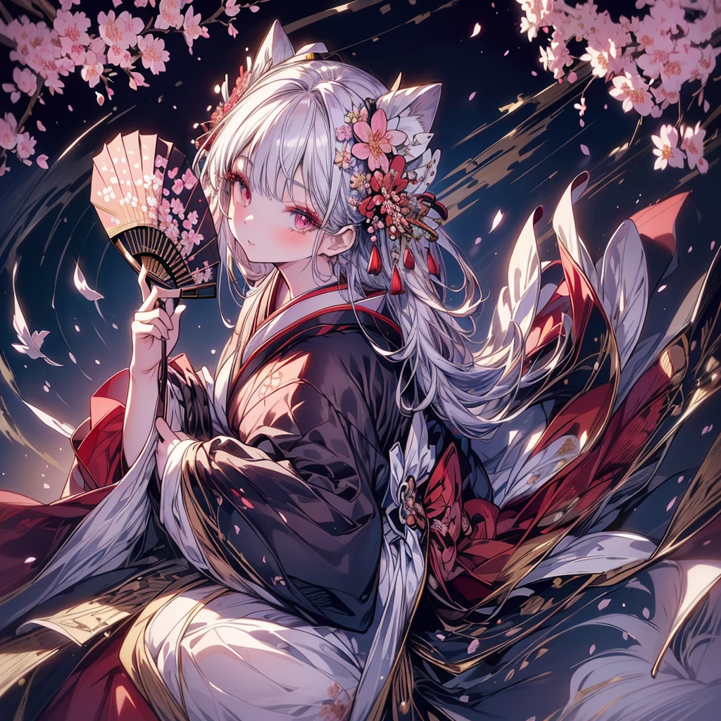absurderes,(masterpiece、top-quality、8K ),intricate detailes,ultra-detailliert、1 Beautiful Japan Woman,(Luxury kimono:1.2),(holding fan:1.2),hide face,(Pose Seductive:1.2),(luxury hair ornament:1.2),(cherry blossom in full bloom、lots of flower:1.2),(Beautiful makeup:1.2),(From above,Looking Up:1.3),Snow-white skin、Hyper realistic,Perfect Anatomy