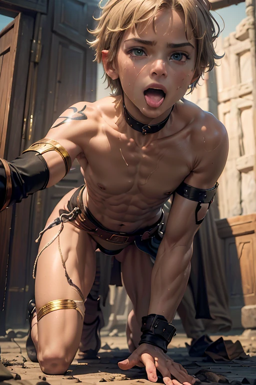 little skinny (effeminate) androgynous athletic Spartan soldier boy,short blond hair, very thin waist, ((arches his ass)), wearing sexy torn leather female armor, high waist thong, leather belt,((ripped loincloth)),perfect ass, holding his spear, ((full body shot)), (best quality,4k,8k,highres,masterpiece:1.2),ultra-detailed,(realistic,photorealistic,photo-realistic:1.37),chiaroscuro lighting,dramatic lighting,cute face, sharp, cinematic lighting,cinematic composition, ((in greek antiquity background)),NSFW,Crawling on all fours, Looking at the camera, Open mouth