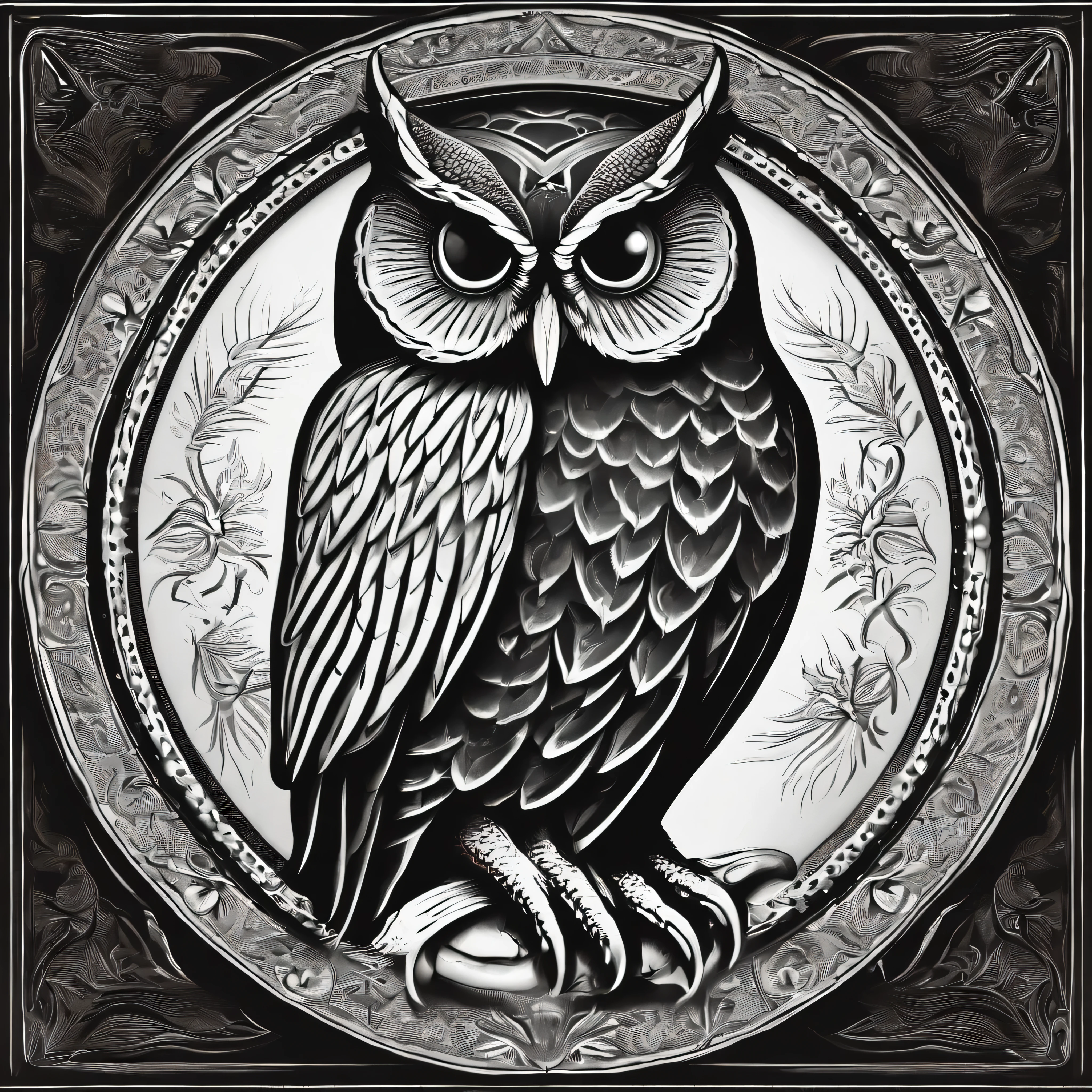 a close up of a plate with a owl on it, Slogan of wisdom, owl, alien owl, owl studio, Created in Adobe Illustrator, owl wizard, Black and white logo, Made with illustrator, black and white vector art, an owl, barn owl symbol in chest, by Matthias Kolros, by Alejandro Obregon, official illustration