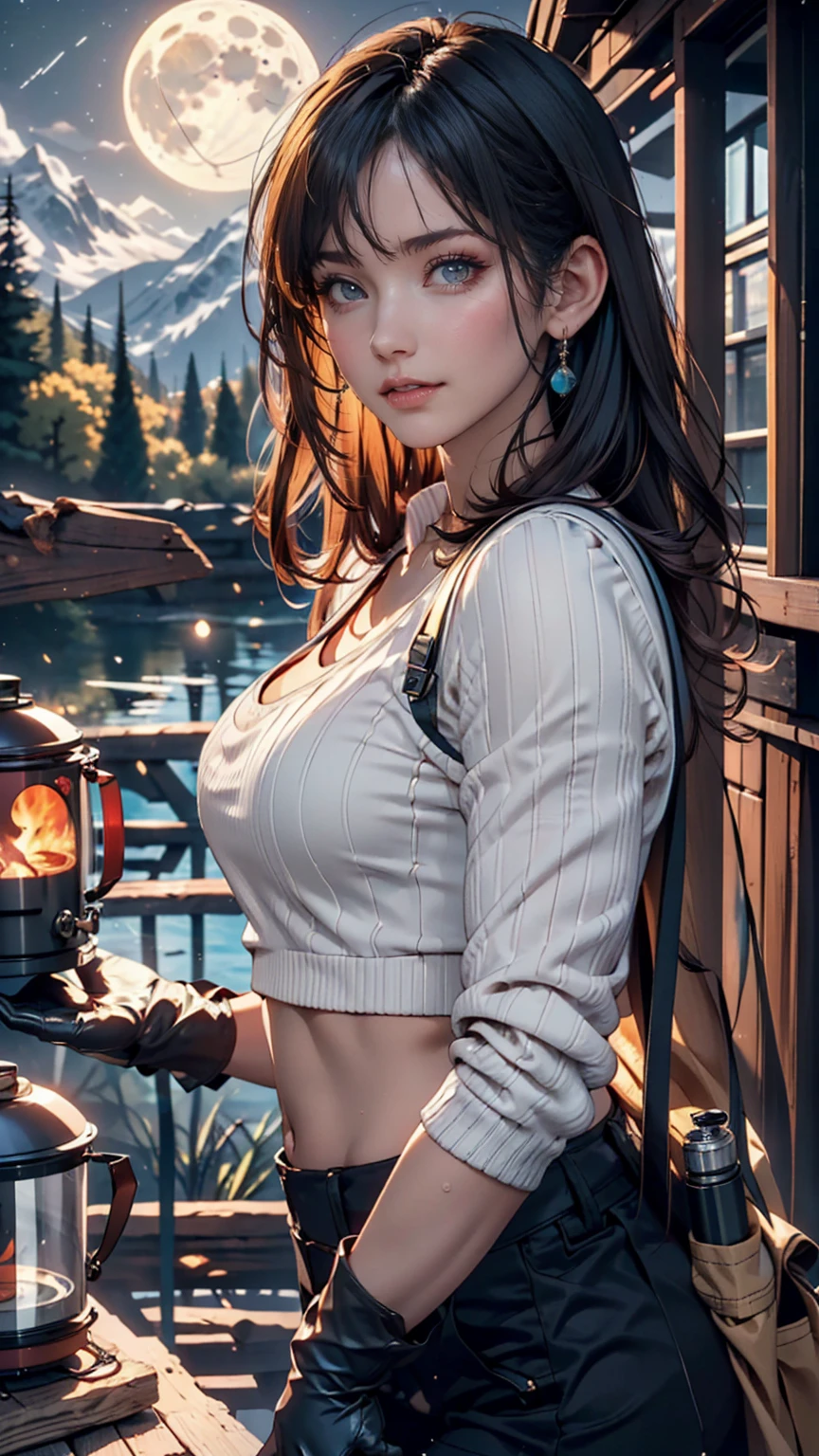1 female((Upper body selfie, Happy)), masterpiece, Highest quality, Very detailed, alone, Outdoor, (night), Mountain々, nature, (performer, moon) Hilarious, Happy, Backpack, sleeping bag, Camping stove, Water bottle, Mountain boots, gloves, sweater, Have, flashlight, forest, rock, river, wood, cigarette, Shadow, Contrast, sunny, Analog Style (View the viewer:1.2) (Skin Texture) (Film Grain:1.3), (Warm shades, Warm Tones)
