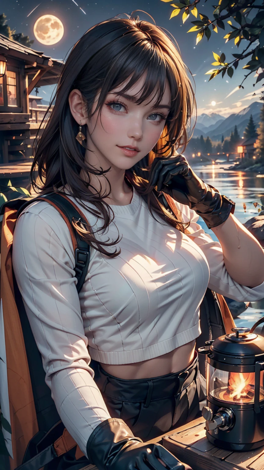1 female((Upper body selfie, Happy)), masterpiece, Highest quality, Very detailed, alone, Outdoor, (night), Mountain々, nature, (performer, moon) Hilarious, Happy, Backpack, sleeping bag, Camping stove, Water bottle, Mountain boots, gloves, sweater, Have, flashlight, forest, rock, river, wood, cigarette, Shadow, Contrast, sunny, Analog Style (View the viewer:1.2) (Skin Texture) (Film Grain:1.3), (Warm shades, Warm Tones)