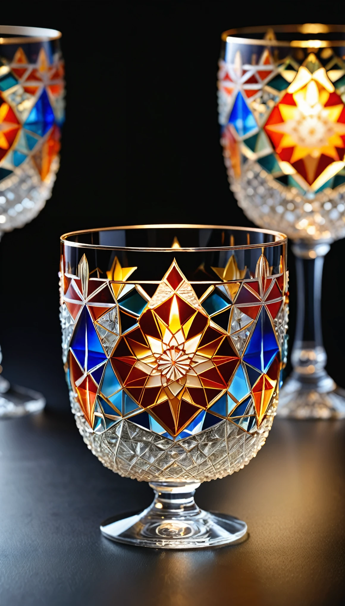 (masterpiece:1.2, Highest quality,Highest quality,Very detailedな:1.2),(Very detailed),8k,(Realistic),(RAW Photos:1.2),Elaborate photos,8k,wallpaper,(Written boundary depth),(Sophisticated lighting:1.2),Beautiful glassware on display,(A glass with a beautiful geometric pattern reminiscent of a kaleidoscope),(Beautiful glass made with traditional Japanese crafts)