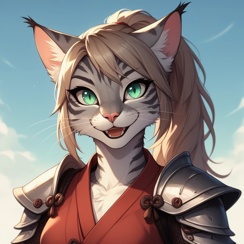 score_9,score_8_up,score_7_up, score_6_up, score_5_up, source_anime, Kat, Anthro furry feline, orange fur, grey stripes on body, green eyes, pink nose, :3, wearing Samurai Armor, portrait upper body shot, mouth open, talking, eyes half open, looking at the viewer 