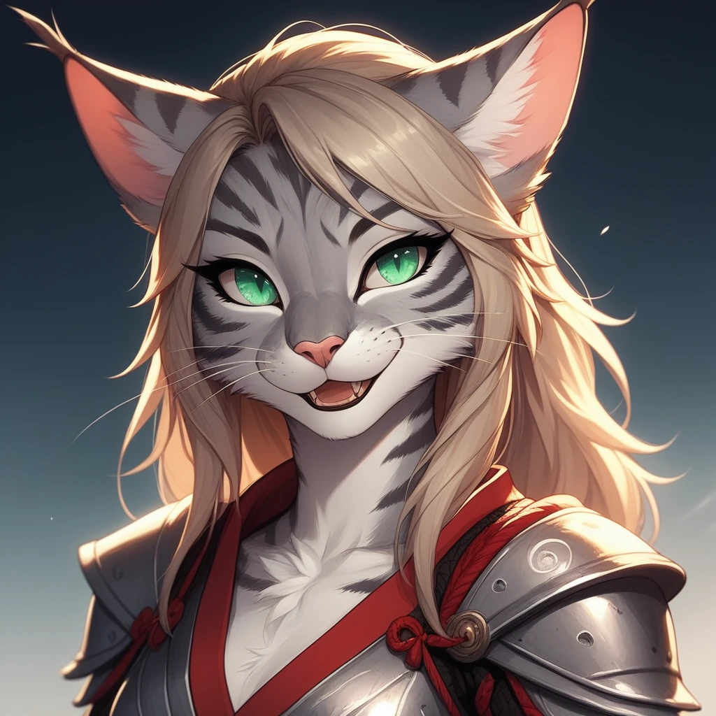 score_9,score_8_up,score_7_up, score_6_up, score_5_up, source_anime, Kat, Anthro furry feline, orange fur, grey stripes on body, green eyes, pink nose, :3, wearing Samurai Armor, portrait upper body shot, mouth open, talking, eyes half open, looking at the viewer