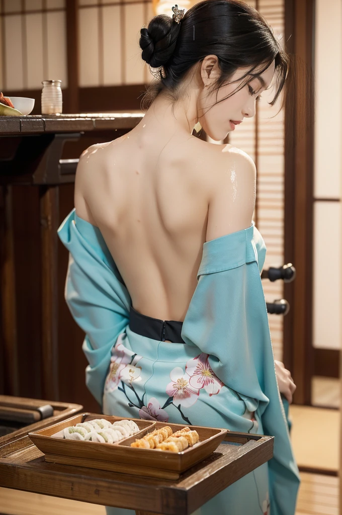 (((best quality))),(((ultra detailed))),(((masterpiece))),illustration,((1 beautiful Japannese girl,solo)),((slim,thin)),((shoulder off,strapless,bare back,towering hips,butt crack)),(in izakaya:1.3),(summer:1.2),(rainy:1.3),(indoor:1.2),(night scene:1.3),(wet:1.3),(cyan floral kimono:1.3),neat bun,porcelain skin,rouge,dimly lit,warm glow,ethereal,(standing beside the table:1.3),sake bottle,half-empty glass,tray,grilled fish,steamed vegetables,half-eaten,melancholic smile,storm,solitude,enigmatic aura,tranquility,chaos,simplicity,mysterious,captivating,((from back,upper body))