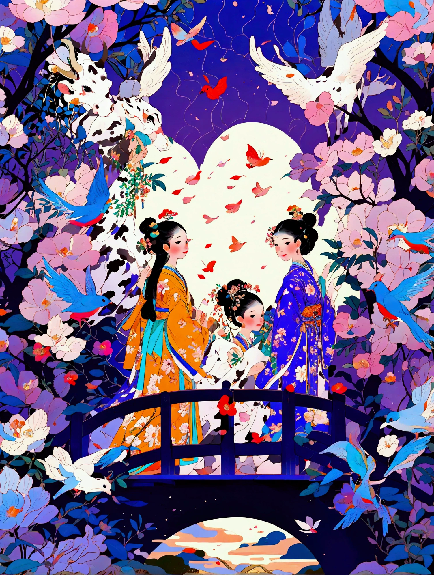 (((8k，Bright colors，Bright，Ultra high saturation，rgb, Colorful))), Chinese style，(Boy and girl in love:1.5)，(Flat poster design)，There are two people on the poster，(Cowherd and Weaver Girl standing on an elegant bridge:1.5)，The background is dreamy pink and purple，White magpies circling around them in the night sky，Surrounded by stars，Create a dreamy atmosphere，It is created in the style of Hayao Miyazaki&#39;s anime，In the foreground，There are some flowers in front，High Definition，High Detail，Dunhuang mural style，Dunhuang bright colors，Dunhuang Elements，Flat illustration