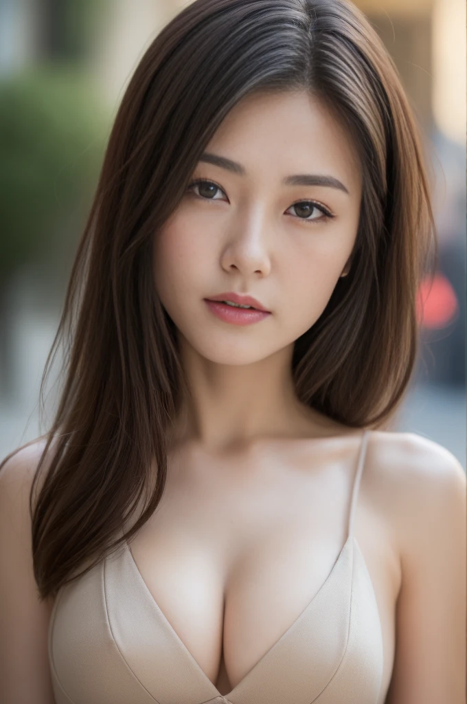 ((Best quality, 8k, Masterpiece :1.3)), Sharp focus :1.2, A pretty woman with perfect figure :1.4, Slender abs :1.2, ((Dark brown hair, Big breasts :1.2)), (Natural light, City street:1.1), Highly detailed face and skin texture, Detailed eyes, Double eyelid