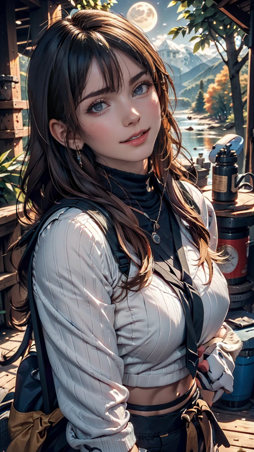 1 female((Upper body selfie, Happy)), masterpiece, Highest quality, Very detailed, alone, Outdoor, (night), Mountain々, nature, (performer, moon) Hilarious, Happy, Backpack, sleeping bag, Camping stove, Water bottle, Mountain boots, gloves, sweater, Have, flashlight, forest, rock, river, wood, cigarette, Shadow, Contrast, sunny, Analog Style (View the viewer:1.2) (Skin Texture) (Film Grain:1.3), (Warm shades, Warm Tones)