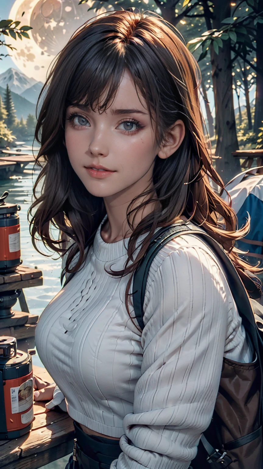 1 female((Upper body selfie, Happy)), masterpiece, Highest quality, Very detailed, alone, Outdoor, (night), Mountain々, nature, (performer, moon) Hilarious, Happy, Backpack, sleeping bag, Camping stove, Water bottle, Mountain boots, gloves, sweater, Have, flashlight, forest, rock, river, wood, cigarette, Shadow, Contrast, sunny, Analog Style (View the viewer:1.2) (Skin Texture) (Film Grain:1.3), (Warm shades, Warm Tones)