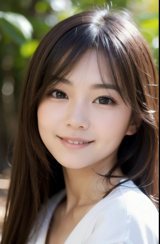 best quality, face focus, soft light, ultra high res, (photorealistic:1.4), RAW photo,(Shinozaki Ai),
1japanese girl, solo, cute, kawaii, smile, (pupil, lights in the eyes), detailed beautiful face, (busty),(high resolution detail of human skin texture),(long hair),(portrait), chest up, white traditional kimono, in the forest,
