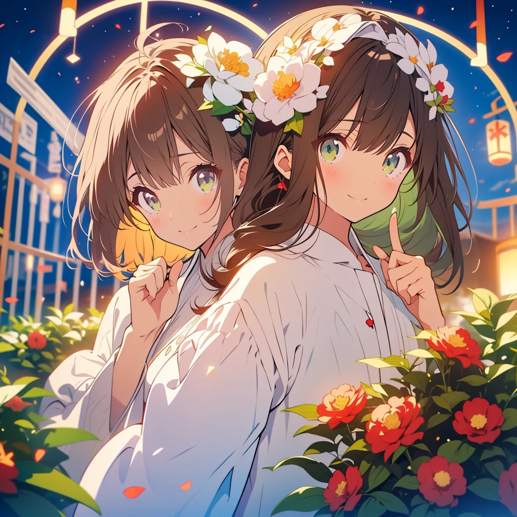 kawaii, anime, Cute, hyper quality, highly detailed, 8k, Clarity, Draw facial expressions in detail, Girl with long dark brown hair and green eyes, white camellia flower, raise the index fingers of both hands, white camellia petals, celebration, smile, raise your index finger, point up with your index finger, whole body, moonlight, highlight on eyes, Pure white dress,