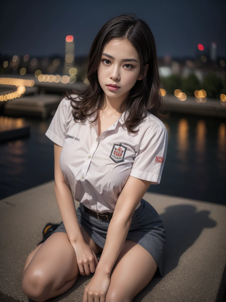 1girl, (uniform), sits with her legs pressed to her chest, detailed night view ofMetropolitan city at the background, detailed face, detailed eyes, brunette, big breasts, smooth realistic skin, semi-curvy body, white shirt, grey blue hot miniskirt , looking at the audience, Full body shot, camera from above, overhead view, (8k, RAW photo, best quality, masterpiece: 1.2), (realistic, realistic: 1.37), ultra-high resolution