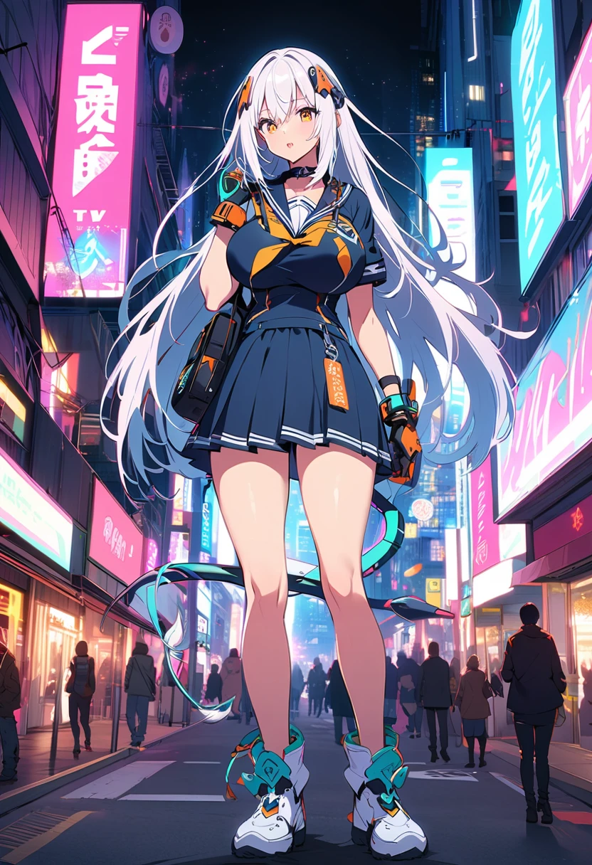 TV screen head robot girl high school sailor uniform big breasts Wire plug tail sci-fi city full-body shot