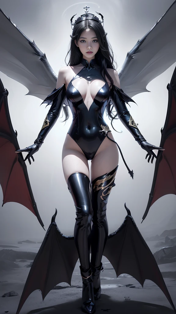 emphasis on wings, Angel wings and devil wings, white wings and black wings, (Realistic picture, highest resolution, 16ก), (A demon god with wide wings and enormous power on his shoulders..., Twelve wings on the shoulders., black bat wings:1.3 white angel wings:1.5), 6 angel wings, 6 devil wings, (Beautiful girl with two meter long hair, shiny black hairงาม, Smooth white skin, Lips are very red.), ((stand, already)), (big breasts, หัวBig tits), (gigantic breast, breast augmentation, Breast 400 cc., small waist, hips raised, small thighs, Long legs), (dynamic poses), (Armor that slightly conceals the body), Separate theme, (Angel wings and devil wings), floating in the air above the groundดิน, background darkness, Embraced with twelve wings, wearing a large king crown, crown shining bright, wears little armor, There is power coming out of the body., sparkling wings, white light black light, amazing wings, beautiful gesture, 8K resolution, Resolution 4000 x 2250 pixels, beautiful gesture, Angel wings and devil wings, (Realistic picture, highest resolution, 16K), (A demon god with wide wings and enormous power on his shoulders.., Twelve wings on the shoulders., black bat wings:1.3 white angel wings:1.5), Angel wings and devil wings, white wings and black wings,, Have wings 100 Have wings 1000, Angel wings and bat wings, wings inserted between wings, 12 wings, 6 angel wings, 6 bat wings, Angel wings and devil wings, white wings and black wings,, (Beautiful girl with two meter long hair, shiny black hair, Smooth white skin, Lips are very red.), very long hair, ((stand, toe)), (big breastsโต, หัวBig tits), (gigantic breast, small waist, hips raised, small thighs, Long legs), (dynamic poses), (black and white leotard, There are beautiful patterns., Decorated with gold embroidery., Show off your chest), Separate theme, (Angel Wings and Demon Lord Wings), floating in the air above the ground, background darkness, Embraced with twelve wings, white and black light crown, A rainbow glow on the back of the head, The most busty breasts, Big tits, universe backdrop, dynamic gesture.