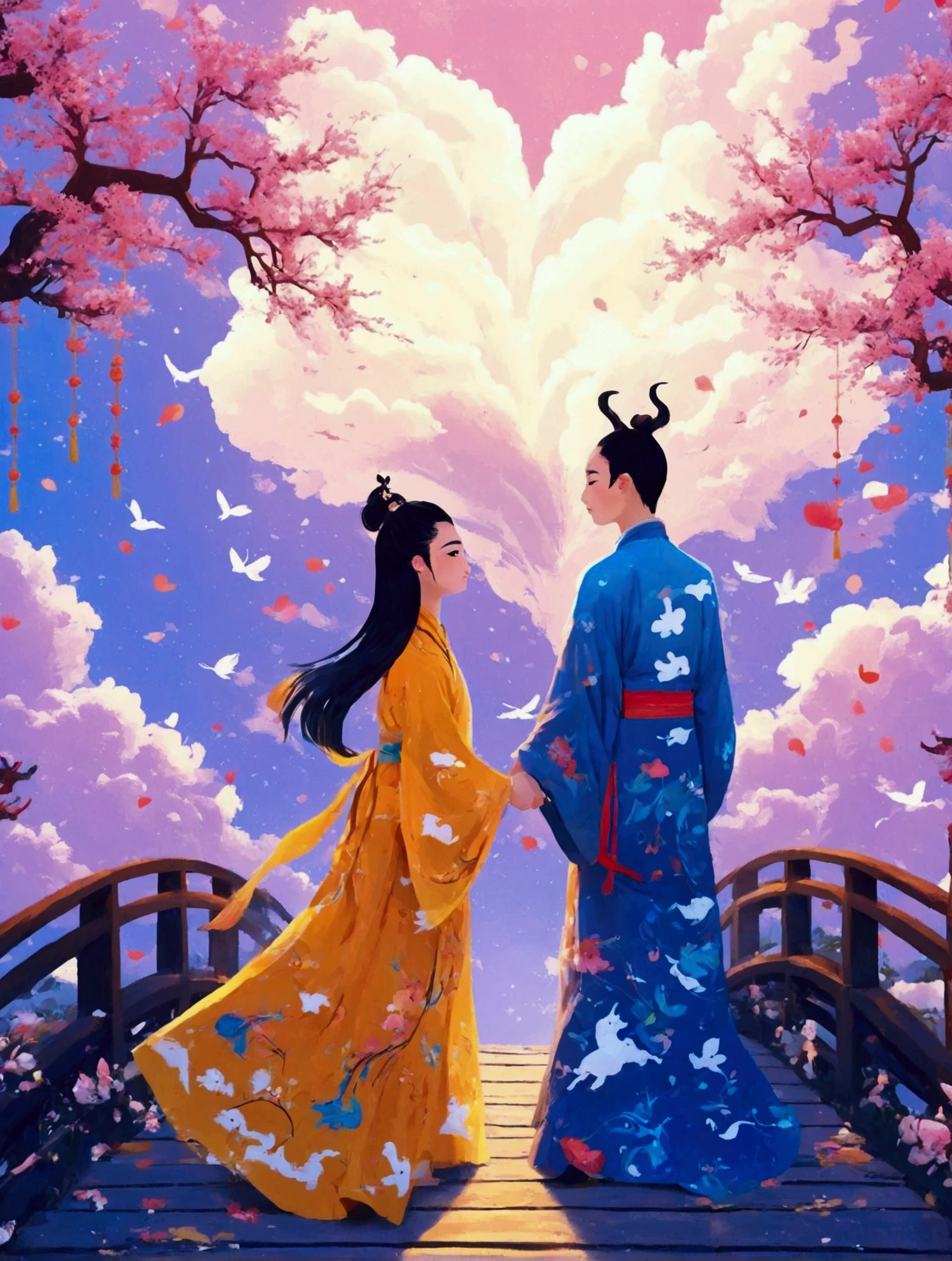 (((8k,Bright colors,Bright,Ultra high saturation,rgb, Colorful))), Chinese style,(Boy and girl in love:1.5),(Flat poster design),There are two people on the poster,(Cowherd and Weaver Girl standing on an elegant bridge:1.5),The background is dreamy pink and purple,White magpies circling around them in the night sky,Surrounded by stars,Create a dreamy atmosphere,It is created in the style of Hayao Miyazaki's anime,In the foreground,There are some flowers in front,High Definition,High Detail,Dunhuang mural style,Dunhuang bright colors,Dunhuang Elements,Flat illustration