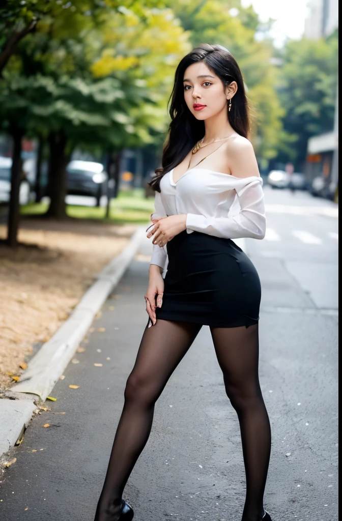 (masterpiece:1.3), (8 thousand, realistic, RAW photos, best quality: 1.4), (1 woman),(sheer silk blouse), (((short skirt))), (((양쪽 다리와 양발에 짙은색 realistic 불투명한 커피색 팬티 스타킹 : 1.3))), (Stockings on both legs), (((Beautiful little feet in stockings and high heels))), (((full body shot))), (outdoors in sunny weather), (walking like a model), (Beautiful makeover), (((very slim and beautiful body))) , (((Realistic and very beautiful face))), (long eyelashes), (double eyelid), (((Very beautiful eyes, realistic and delicate))), (((High nose))), (((small nostrils))), (((beautiful mouth))), (((seductive lips))), (((big bust) )), (Strong body through exercise), (beautiful abs), (Beautiful heaps), (((tall))), (realistic face), (((black hair, parted, long hair:1.3))), (아름다운 parted스타일), (realistic and beautiful skin), (absurd), (attractive), (ultra high resolution), (extremely realistic), (very detailed), (golden ratio), (((Two long, realistic and beautiful legs))), (realistic 팔), (necklace), (earring),(beautiful nails manicure), (((So beautiful and sexy))), (((perfect secretary look)))