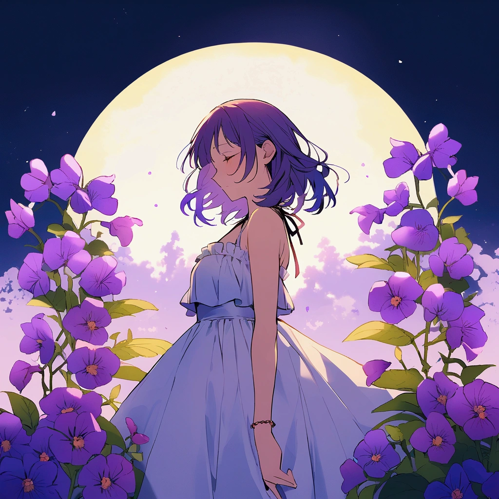 Woman surrounded by purple flowers Simple Nostalgic Big moon Summer