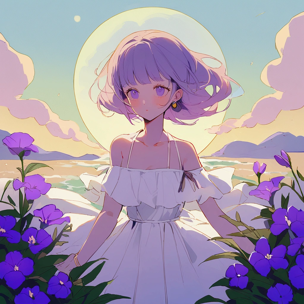 Woman surrounded by purple flowers Simple Nostalgic Big moon Summer