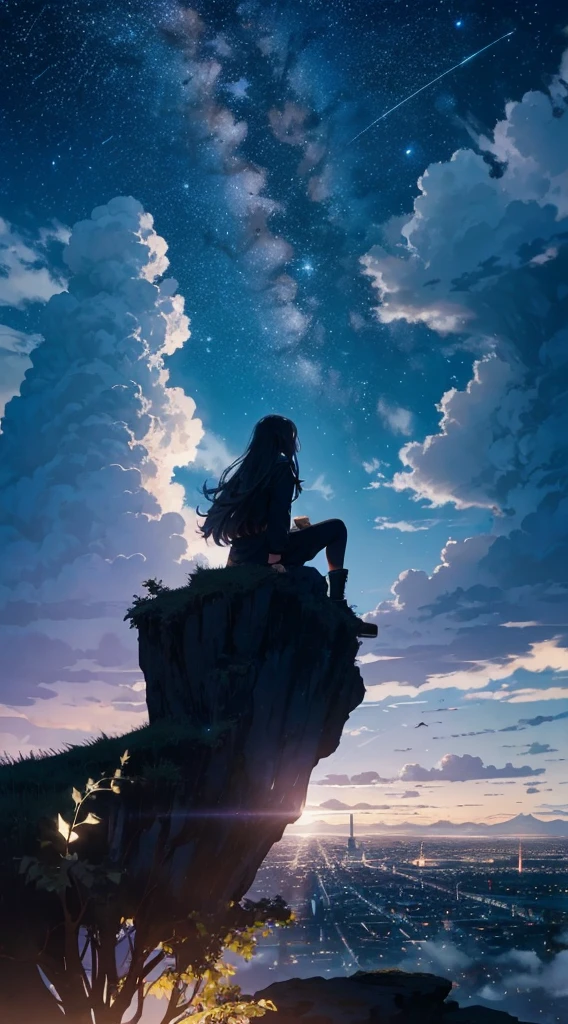 octans, sky, star (sky), scenery, starry sky, night, 1girl, night sky, solo, outdoors, building, cloud, milky way, sitting, tree, long hair, city, silhouette, cityscape