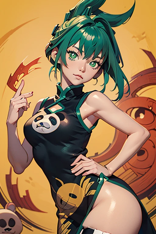 (masterpiece, best quality), 1girls, beautiful face,  jun tao, (green eyes:1.5), green hair, hair between eyes, animal print, bear print, black dress, china dress, chinese clothes, dress, air, hip vent, panda print, side slit, sleeveless, sleeveless dress, thigh strap,