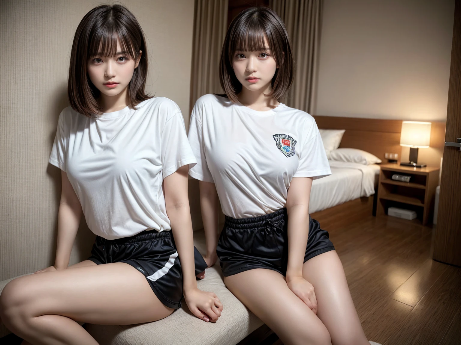 masterpiece, best quality, illustration, Super detailed, fine details, High resolution, 8K,wall paper, perfect dynamic composition,(Details High quality, realistic depiction of eyes:1.3), (2 girls), oversized sport shirt, shorts women, sitting, open legs, short bob hair, in a hotel room in the background, deep on field, large breasts, black hair color, Big Natural Color Lip, (perfect body shape), crying a little、Harajuku style、20 year old girl、cute type、beautiful legs, Gravure Idol