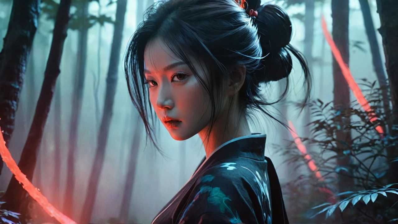 portrait,In this fantasy-style painting,a samurai girl with a translucent glowing body wanders through a mysterious forest,surrounded by demon,upper_body,