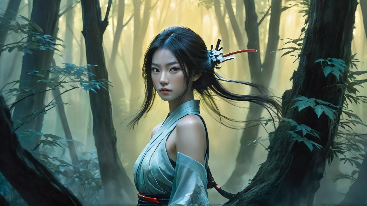 portrait,In this fantasy-style painting,a samurai girl with a translucent glowing body wanders through a mysterious forest,surrounded by demon,upper_body,