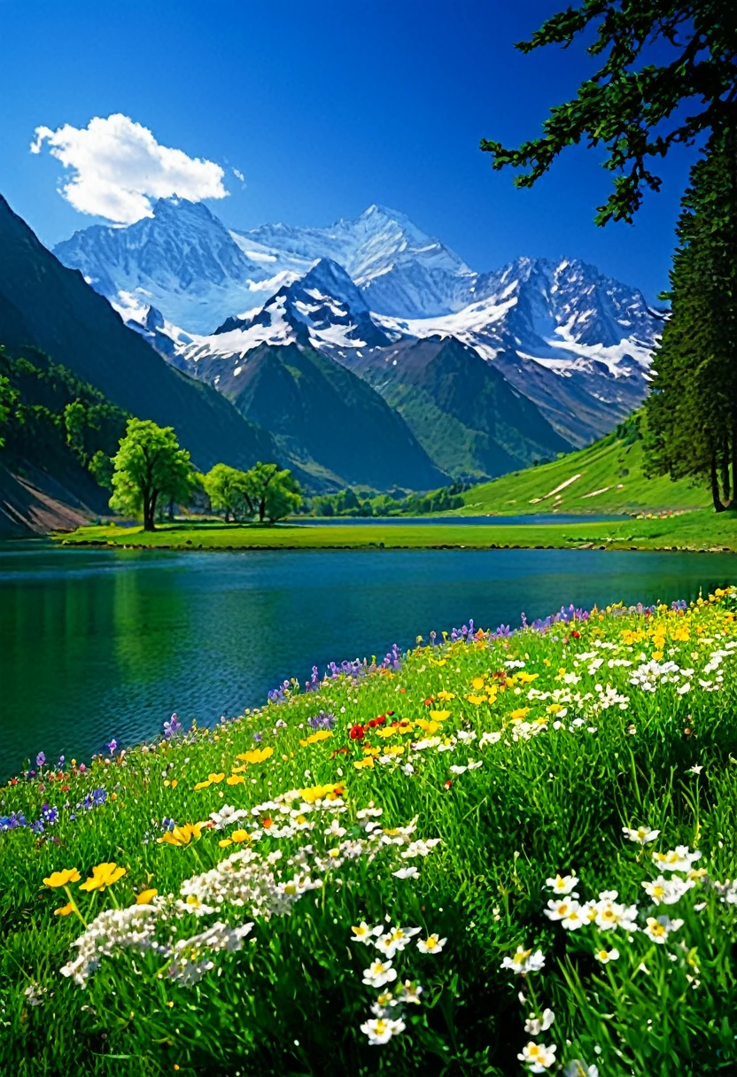 Imagine a vast and majestic natural scene, where the elements of mountains, rivers, lakes, trees, and flowers blend together to create a beautiful picture. In this photo:
Mountains: Towering mountains, with sparkling white snow-capped peaks, rise high into the blue sky. The cliffs of the mountains are illuminated by the sunlight, creating sharp contrasts of light and dark.
River and Lake: A large river, with clear water like a mirror, reflects the blue of the sky and the majestic mountains around it. The nearby lake is surrounded by lush green trees and blooming wildflowers.
Grass and Flowers: On the shore of the lake, a lush green lawn stretches out, dotted with colorful wildflowers such as red, yellow, and purple. Tall, ancient trees, with dense foliage, cast cool shadows on the ground.
Light and Sky: The blue sky, with gently drifting cotton clouds, creates a large and airy space. The sunlight shines brightly, highlighting the details of the natural landscape. The photo not only shows the beauty of nature but also evokes a sense of peace, grandeur and eternity. The elements combine to create an emotional landscape painting, making the viewer feel the grandeur and serenity of nature.