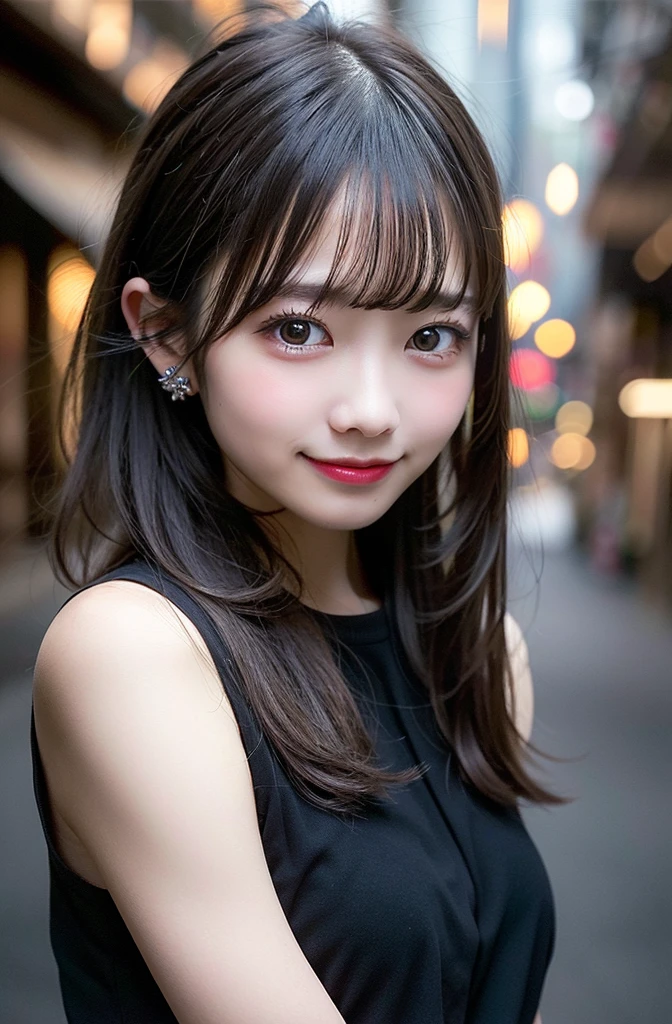 masterpiece, high quality, Perfect Face, Beautiful Face, Photo Background, ribbon, Perfect Skin, Beautiful Skin, Soft Skin, Glowing Skin, Intricate details, Delicate pattern,Black Hair,long hair, ponytail, diagonal bangs,smile,Alley,night,深night,dim