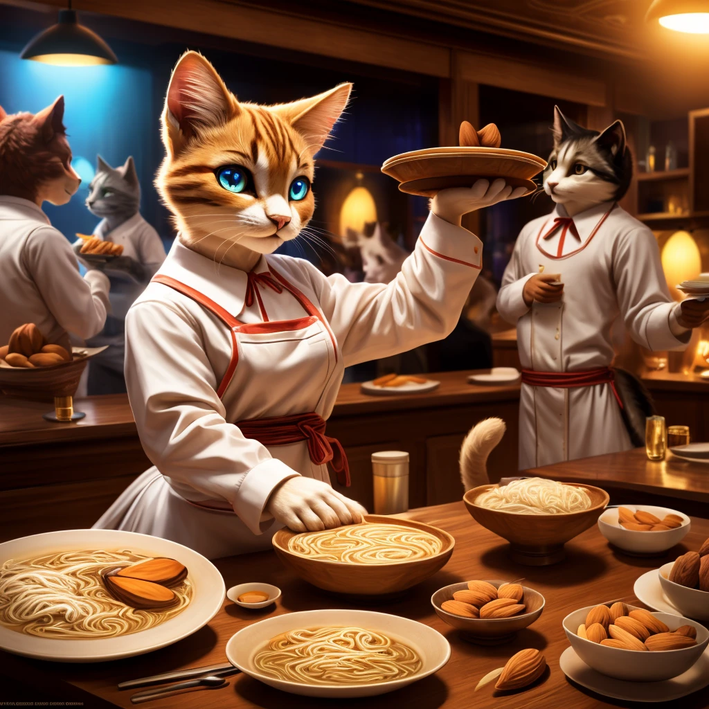 (top quality, masterpiece, 8K)), anatomically correct, highly detailed, high resolution, realistic, ((beautiful, bright, almond-shaped, exquisite eyes)), fine detail, cinematic lighting, ((dynamic composition)), party, cute cat, ramen waiter, diner counter, blue beehives