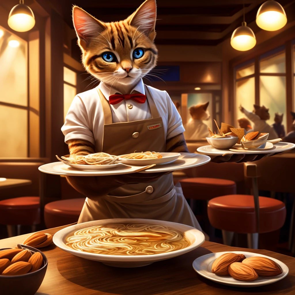 (top quality, masterpiece, 8K)), anatomically correct, highly detailed, high resolution, realistic, ((beautiful, bright, almond-shaped, exquisite eyes)), fine detail, cinematic lighting, ((dynamic composition)), party, cute cat, ramen waiter, diner counter, blue beehives