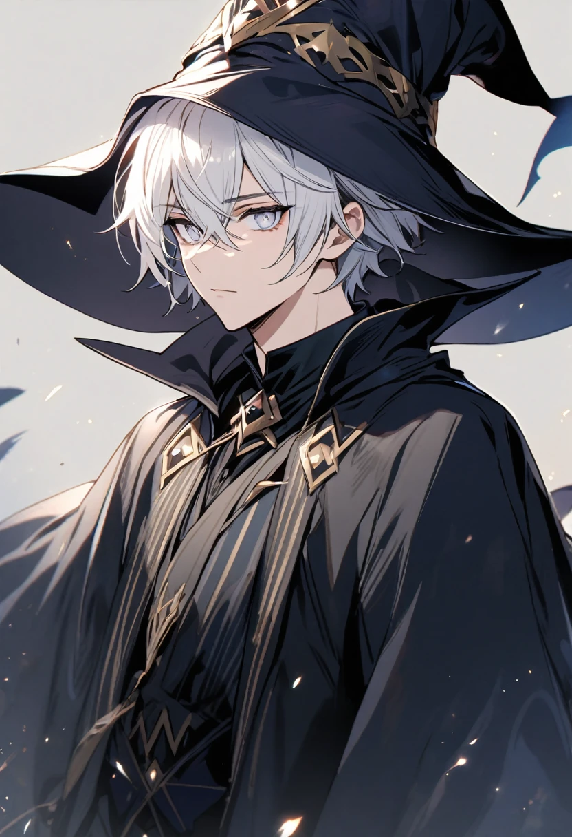 solo, handsome, 1 male, short hair, white hair, white eyes, black shirt, dark blue robe, dark blue wizard hat