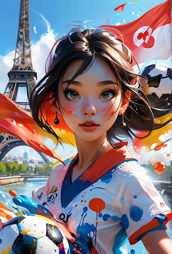 Splash Art, Cute woman in her 20s（Game Characters、Big eyes、Eiffel Tower in the background、Black and white soccer ball、Olympic Games、The Japanese flag is waving）, wonderfulインスタグラム, Art Station, Colorful paint splash style+, Very detailed、Exquisitely crafted down to the last detail, Engine Unreal, wonderful, Details Complexity, Splash screen, Complementary Color, Realistic concept art, 8k resolution, deviantart masterpiece, Oil, Thick brushwork, Paint drips, Splash Art
