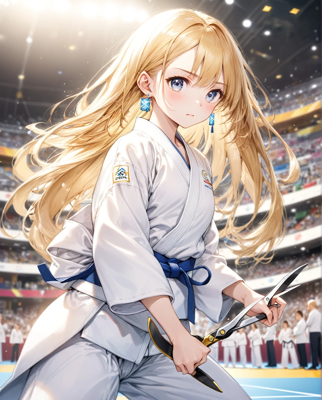 (Highest quality,8k,32K,masterpiece,Ultra-high resolution :1.2 ),born,One girl,Super cute,Natural light,Clear, shining eyes,20-year-old,Fair skin,Olympic venue electronic world fantasy background,The noble earrings are shining,The noble necklace shines,Golden Hair,Judo,Holding scissors,Long Hair,Doing judo,Serious expression,Stuffy
