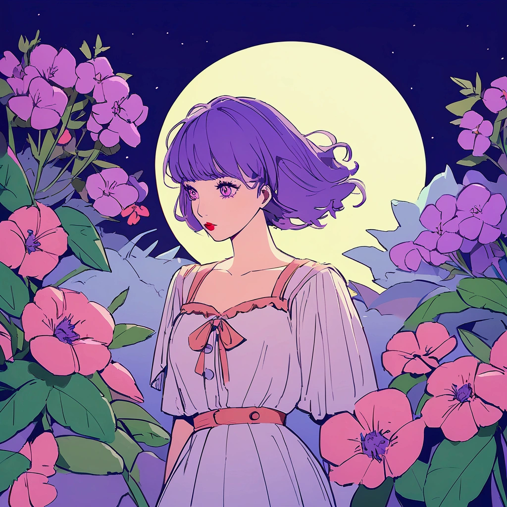 Woman surrounded by purple flowers Simple Nostalgic Big moon Summer