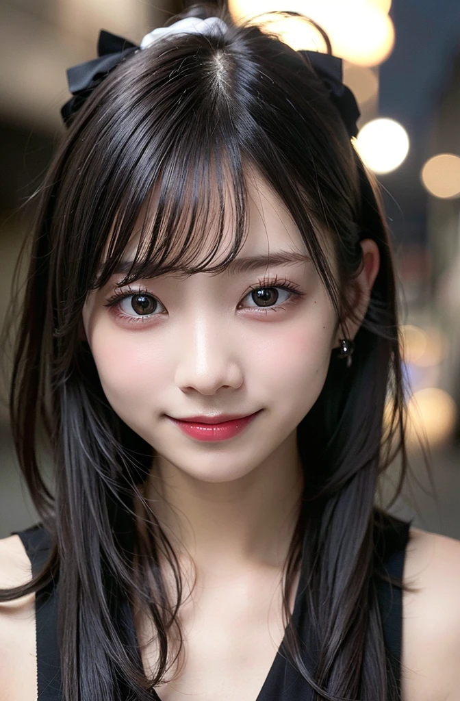 masterpiece, high quality, Perfect Face, Beautiful Face, Photo Background, ribbon, Perfect Skin, Beautiful Skin, Soft Skin, Glowing Skin, Intricate details, Delicate pattern,Black Hair,long hair, ponytail, diagonal bangs,smile,Alley,night,深night,dim