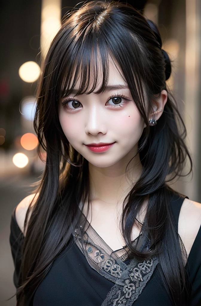masterpiece, high quality, Perfect Face, Beautiful Face, Photo Background, ribbon, Perfect Skin, Beautiful Skin, Soft Skin, Glowing Skin, Intricate details, Delicate pattern,Black Hair,long hair, ponytail, diagonal bangs,smile,Alley,night,深night,dim