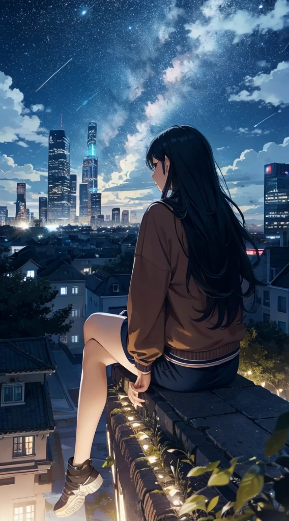 octans, sky, star (sky), scenery, starry sky, night, 1girl, night sky, solo, outdoors, building, cloud, milky way, sitting, tree, long hair, city, silhouette, cityscape