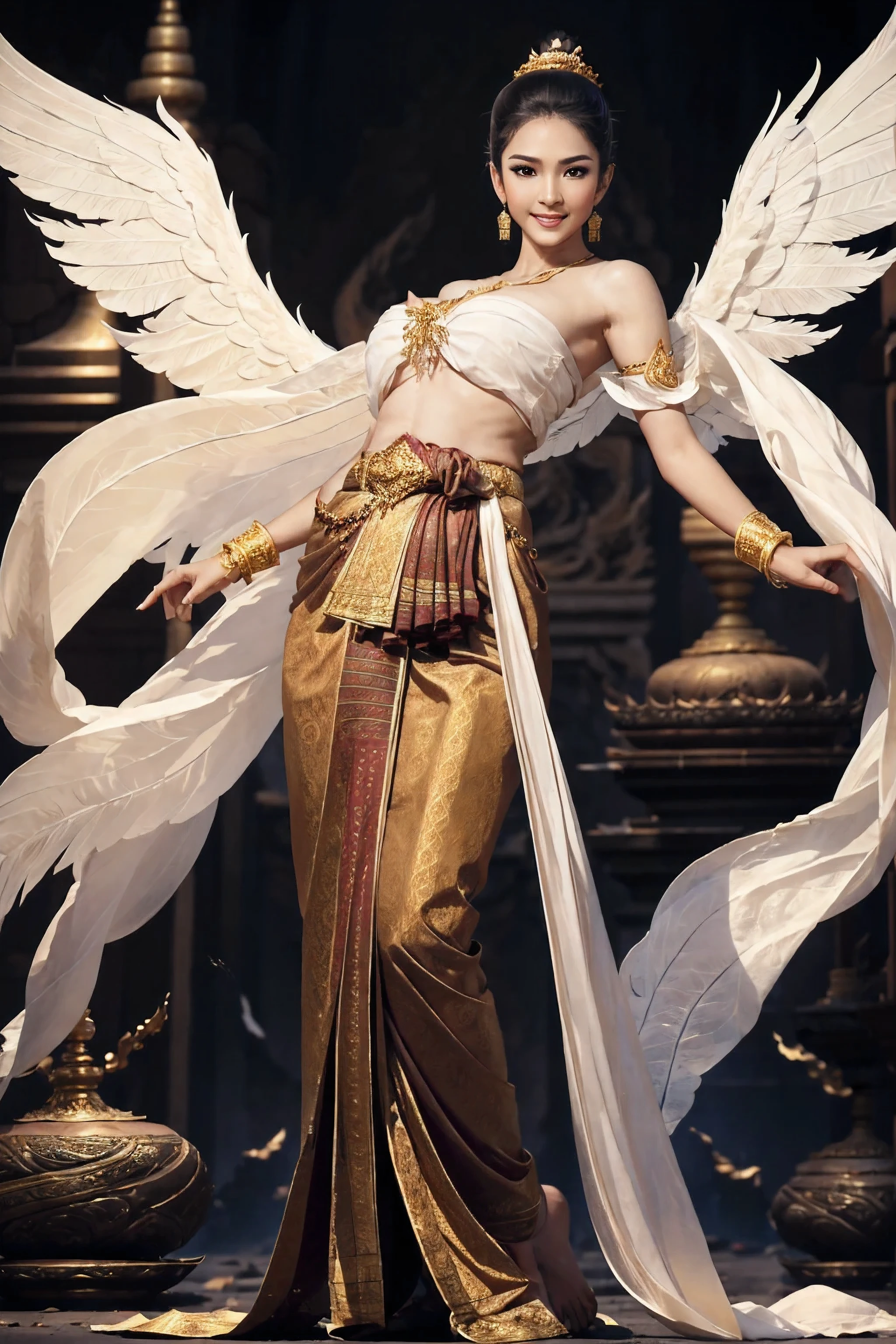 Full body image of a beautiful angel, Thai style, smooth skin. Slim face, beautiful eyes, smile, hair in a ponytail, and white feather wings. Ancient woman wearing a loincloth The face had the sneer of a villain. Good figure, big breasts, beautiful. (Dark brown strapless shirt fluke set)  Beautiful and meticulous Thai pattern sarong, dark brown color, gold belt, crisp and clear, neat and sharp details, the backdrop is a Thai style temple.