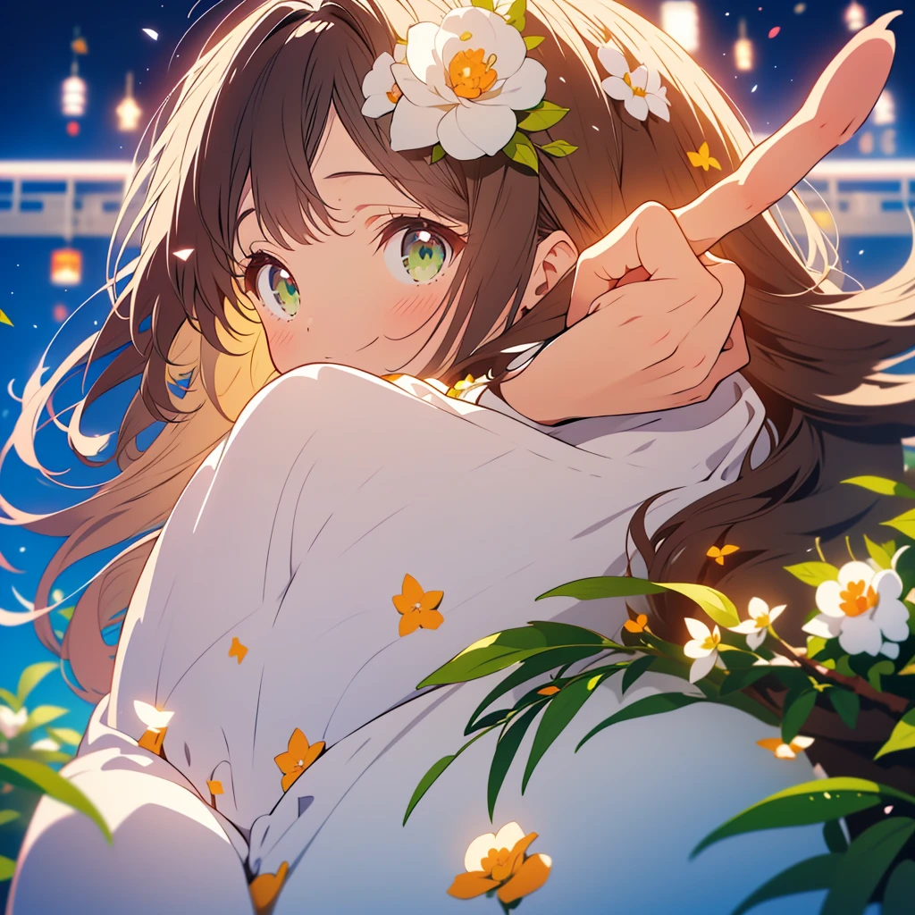 kawaii, anime, Cute, hyper quality, highly detailed, 8k, Clarity, Draw facial expressions in detail, Girl with long dark brown hair and green eyes, white camellia flower, raise the index fingers of both hands, white camellia petals, celebration, smile, raise your index finger, point up with your index finger, whole body, moonlight, highlight on eyes, Pure white dress, 