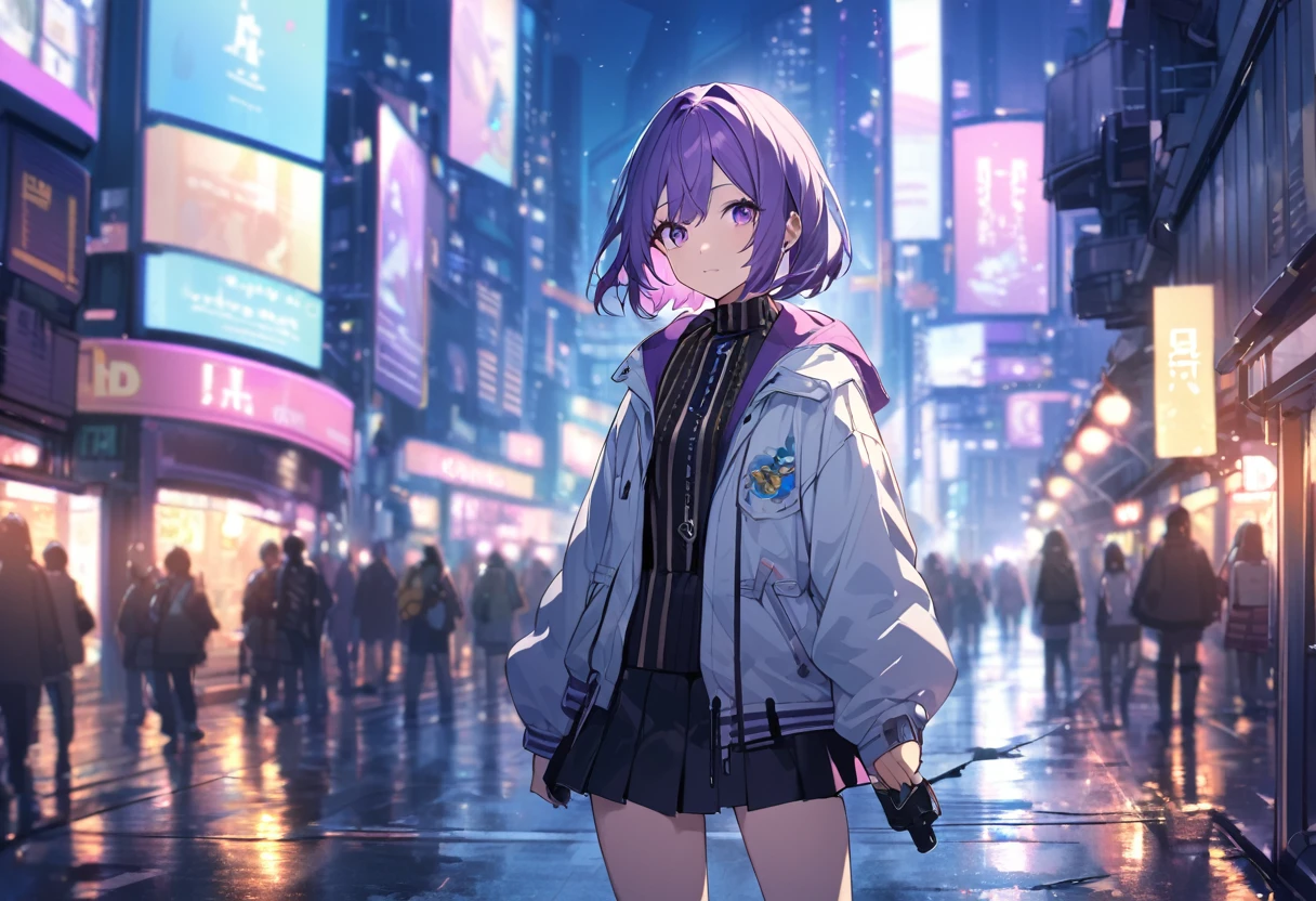 1 short purple haired girl, wearing a light jacket and short skirt, standing in the middle of the night city, with the city light (somewhat blurry), ((HD wallpaper))