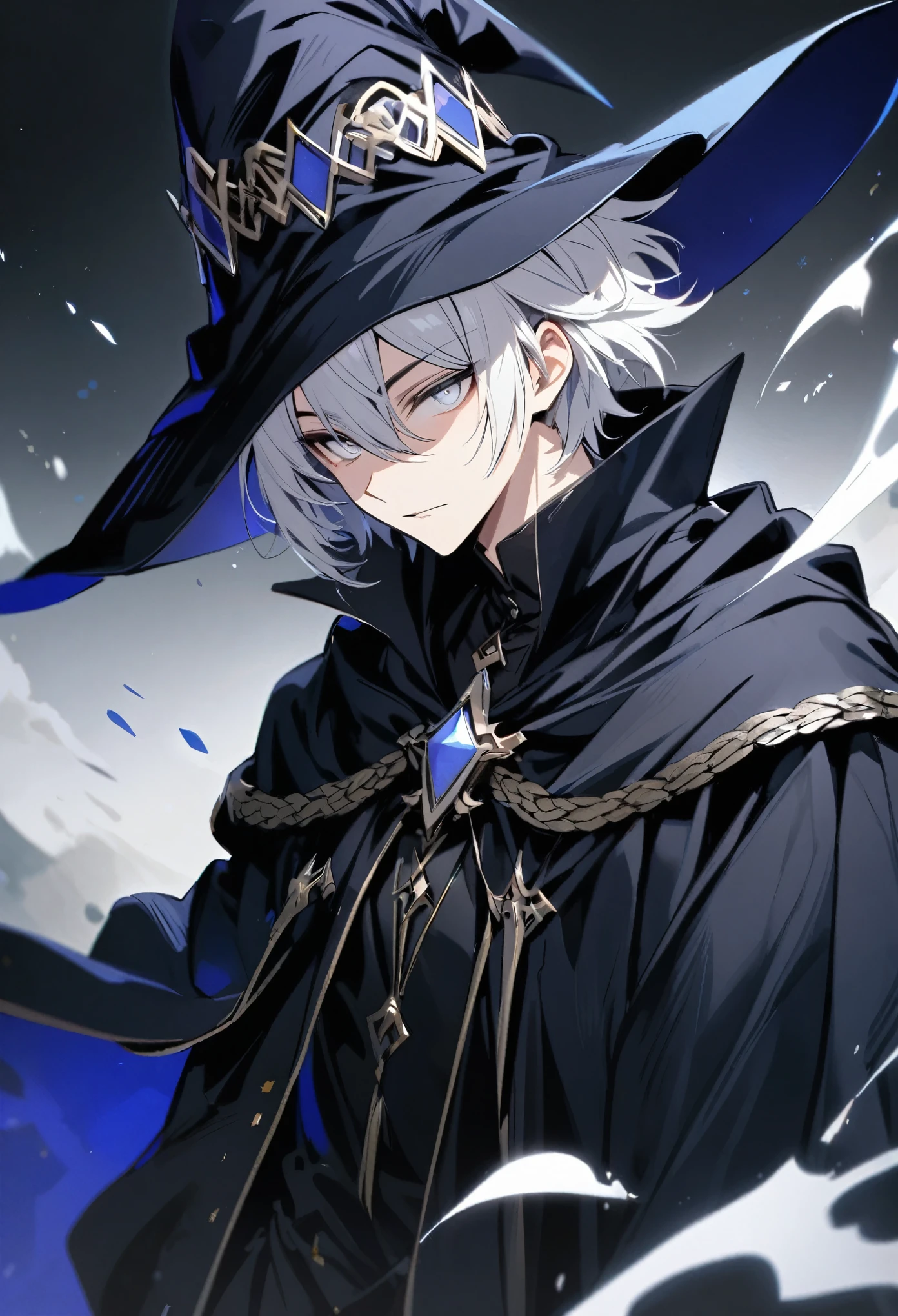 solo, handsome, 1 male, short hair, white hair, white eyes, black shirt, dark blue robe, dark blue wizard hat