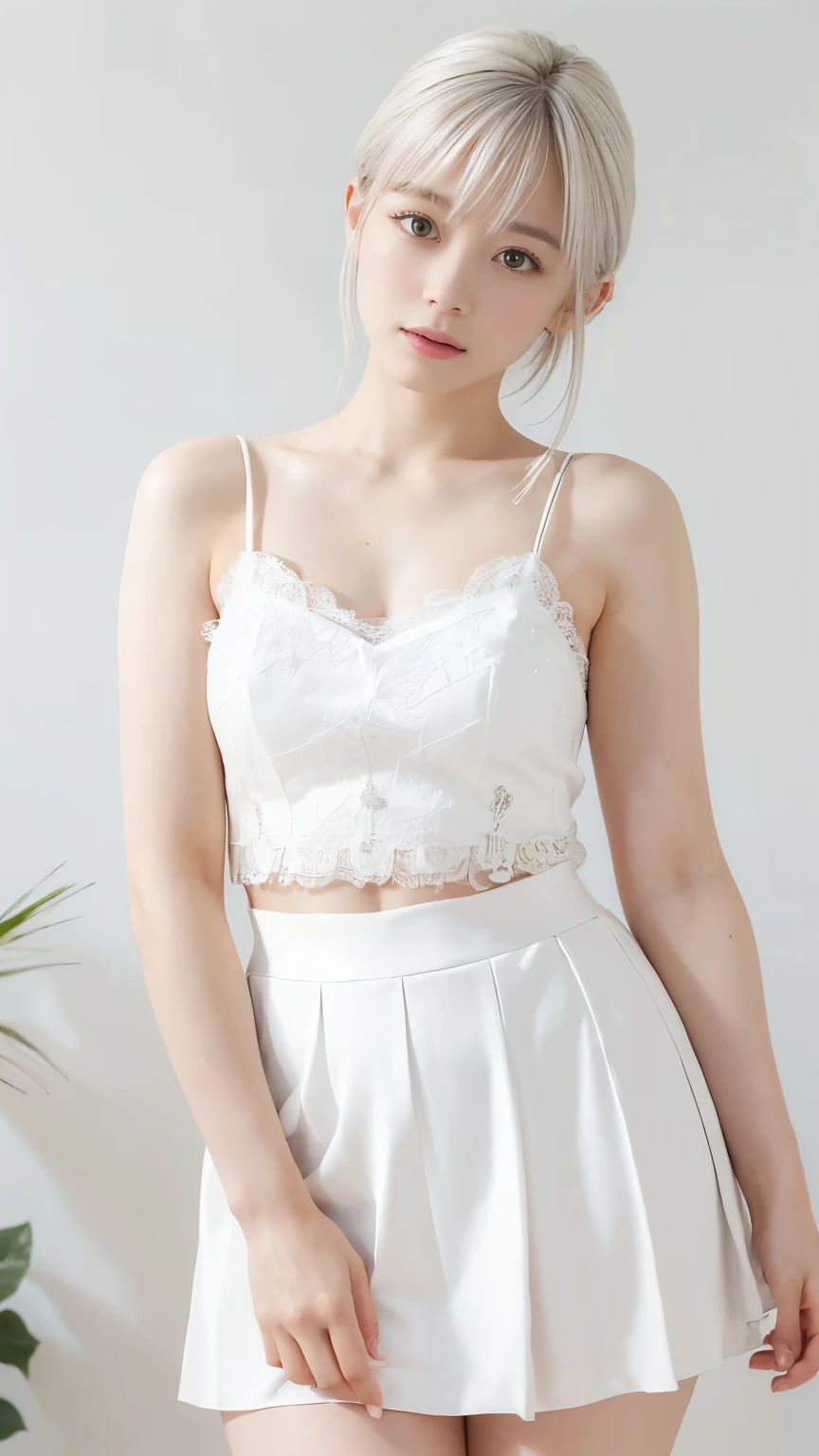 ((Highest quality:1.3、8k、masterpiece))、One Girl、detailed face 1:2、Cute Face、fine grain、Beautiful woman、Lesbians all over the world、Angelicales、Angel、White Skirt、White Tops、feather、Gentle light、Light background、Great background、White gold hair、Are standing、((Random sexy poses))
