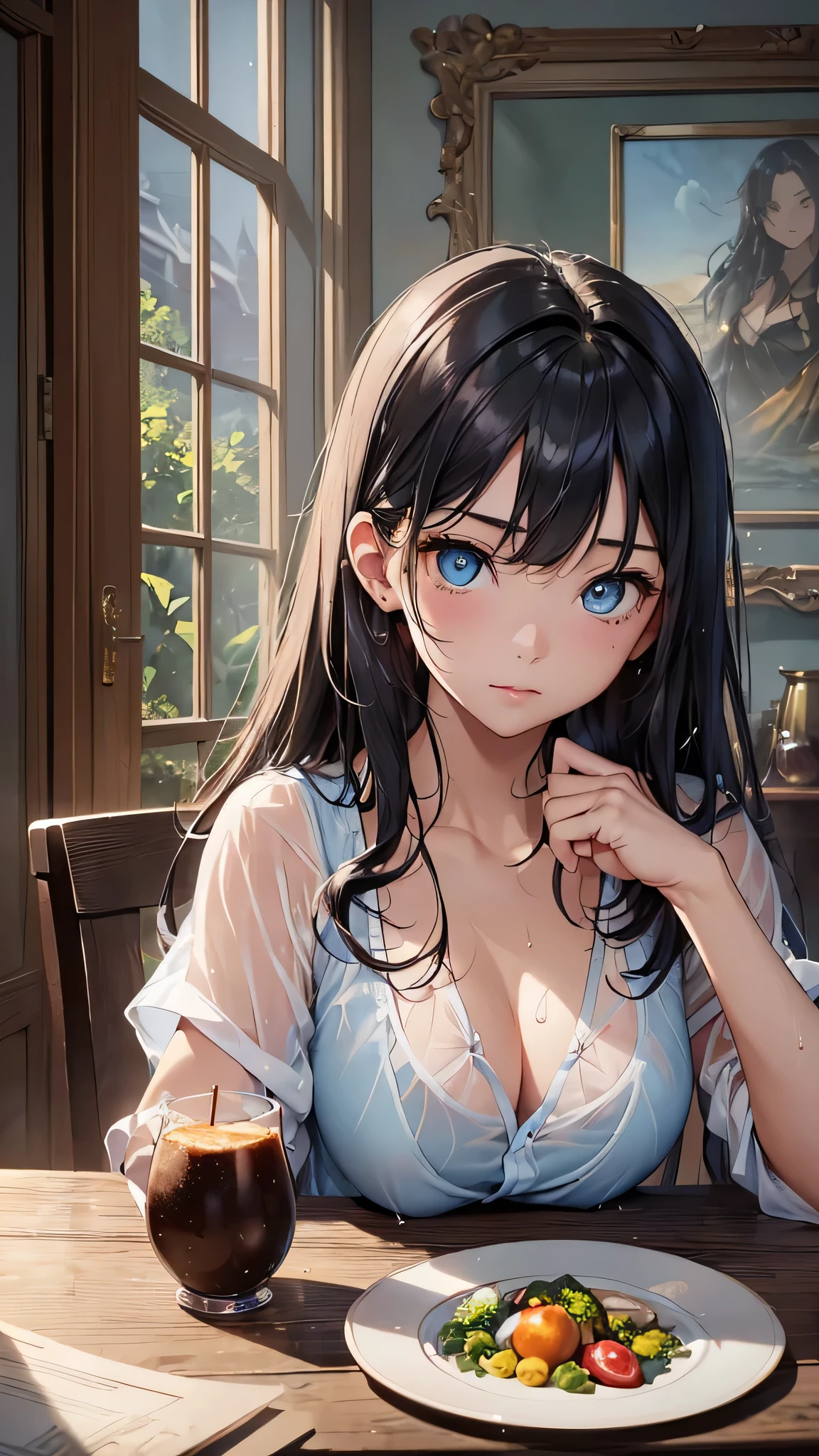 最high quality、Best image quality、masterpiece、With a girl((cute、、Best Bust、Medium Bust、Beautiful Blue Eyes、Spread your chest wide,Black Hair、Disheveled Hair、thin、Highest Valley、My whole body is wet、Have a cider、See-through shirt)）high quality、Beautiful art、background((universe)),Tabletop、Exquisite design、Visual Arts、Written boundary depth、Best lighting、Highest detail、8ｋ