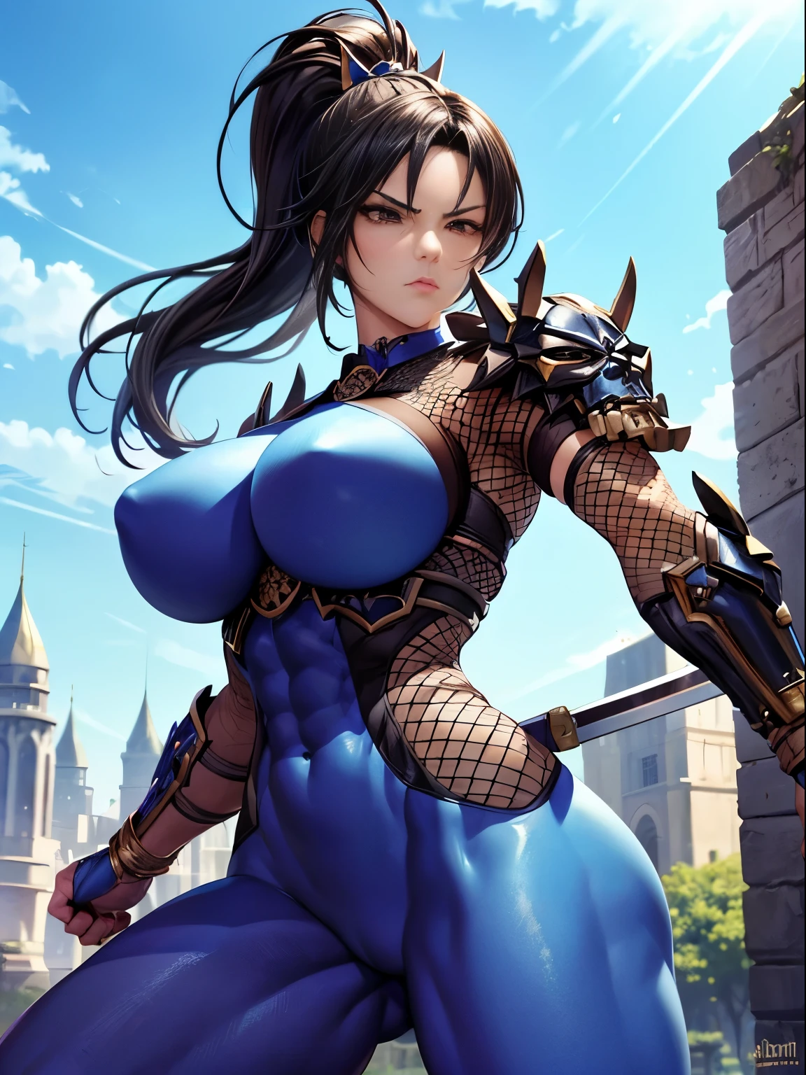Excellent anatomy, masterpiece, Highest quality,Realistic, hyperRealistic, 16k hdr, like that, 赤いFishnet tightsのボディスーツ, Fishnet tights, Fingerless gloves, Arm guard, Shoulder Armor,Medium chest,Outdoor,Castle Background,blue sky,Dynamic pose,(Fighting Pose:1.2),Spread your legs,(Black Mask,Holding a sword:1.1),Camel Toe,Fighting game female characters, (Huge and stunning goddess shot, Very hot and sexy, Incredible beauty, Perfect proportions, Beautiful body, Very muscular body beauty:1.5), Hip Up, Very muscular woman , Very thick and muscular thighs ,Trained abdominal muscles,Slim and toned waist