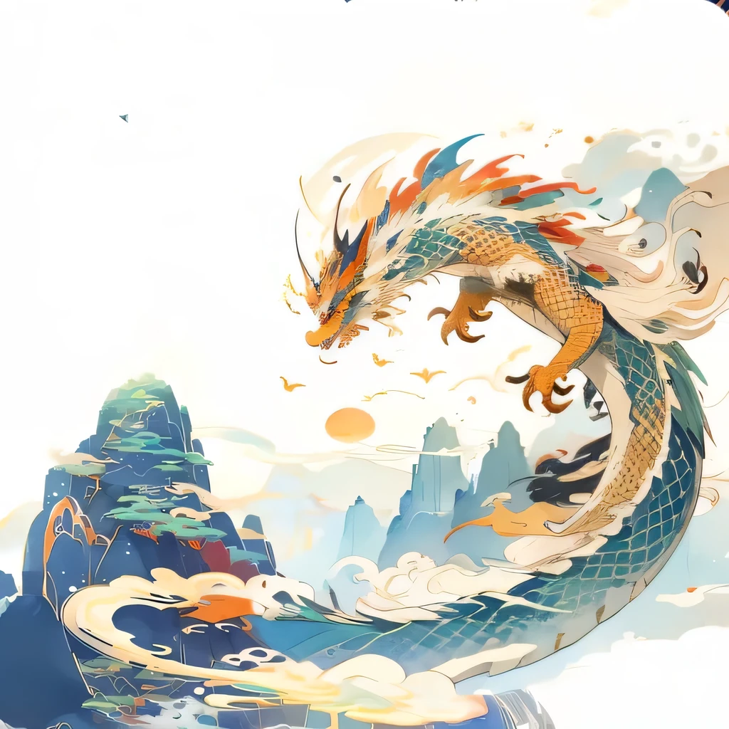 Brightly colored Chinese watercolor dragon flying over mountains with sky background, Dragon Art, 中国ink龙启发,Watercolor style，ink，Chinese Art Style，A beautiful artistic illustration