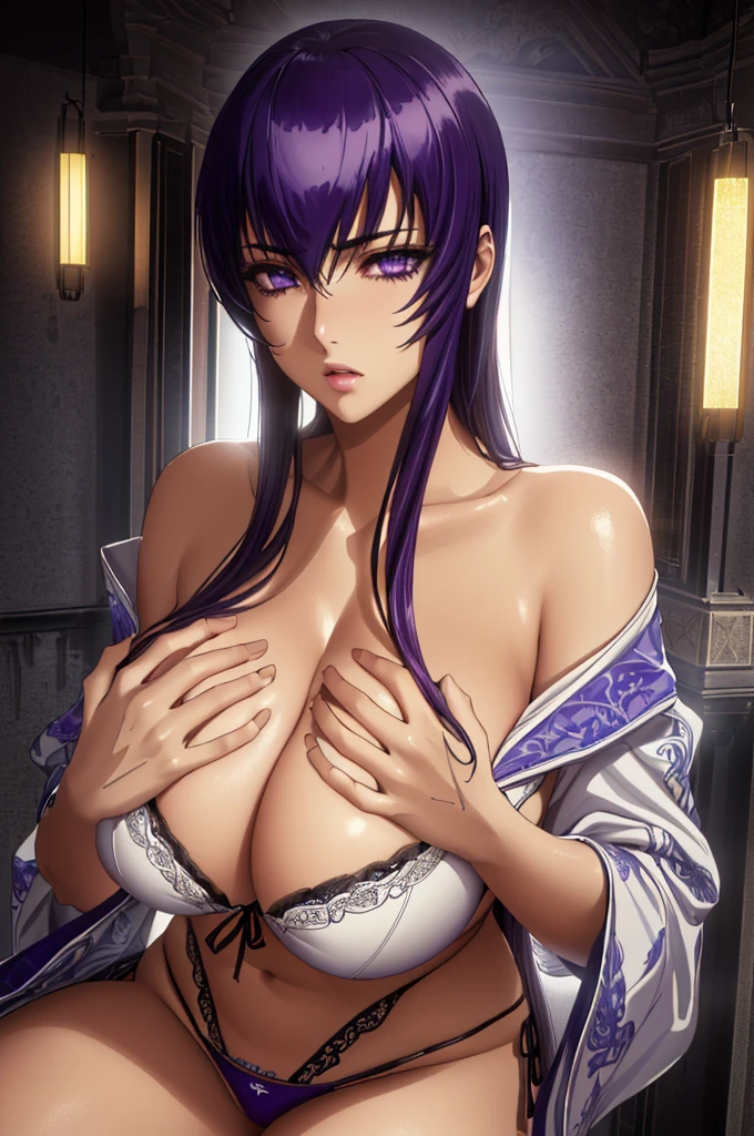 saeko busujima, long hair, purple hair, (purple eyes:1.1), hair between eyes, Best Quality, bikini, 8k, High resolution, masterpiece:1.2), (ultra detailed), (pose sexual), (realist, photorealist, fotorrealista:1.37), (High DefinitionR, High Definition), (portrait), (vivid colors), (broad) (Hermosos detailed eyes), (beautiful detailed lips), (extremely detailed eyes and face), bright eyes Dynamic angle and posture, perspiration, undressing (long eyelashes), (sharp focus), (Physically based representation), (unclothed), (huge breasts) (open legs), (intense), (expression of intense desire), (Motion blur), (elegant), (anime inspired), (bright lights), (sexual), (contrasting colors), (mysterious atmosphere), (action packed scene), (Unique style), (surprising), (elegant), (evocative), (expressive), (Intriguing atmosphere), (huge breasts:1.2), ((Best Quality)), ((Very detailed)), masterpiece, absurdities, detailed face, beautiful face, (detailed eyes, deep eyes), (1 girl), ((dynamic pose)), erotic lingerie, tattoo