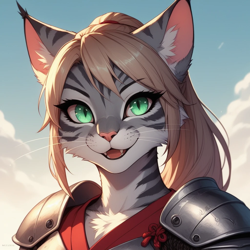 score_9,score_8_up,score_7_up, score_6_up, score_5_up, source_anime, Kat, Anthro furry feline, orange fur, grey stripes on body, green eyes, pink nose, :3, wearing Samurai Armor, portrait mouth open, talking, eyes half open, looking at the viewer