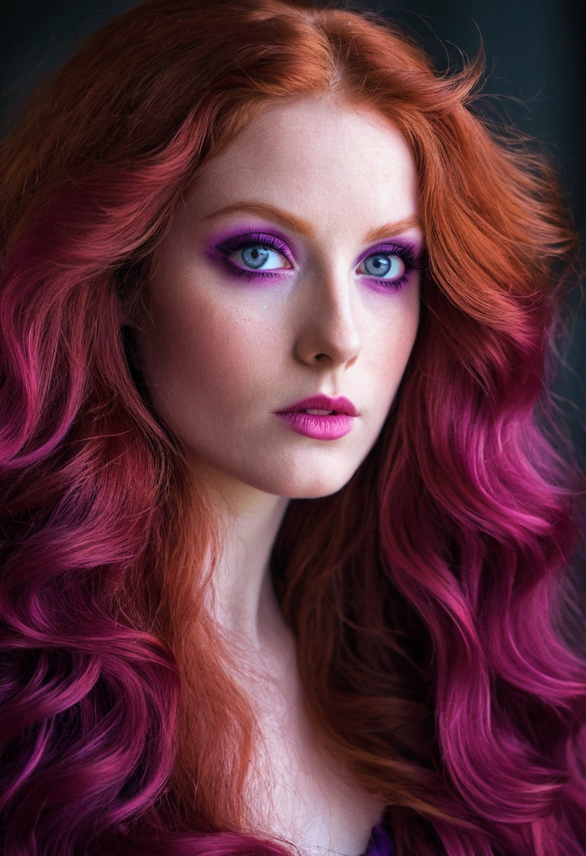 a beautiful young woman with huge long red hair , batom rosa pink , intense violet purple eyes